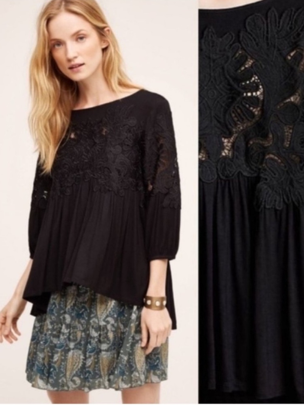 Black Embroidered Scoop-Neck Women's Top
